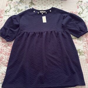 Simply Southern Navy Textured Bubble-Sleeve Dress with Pearl Accents